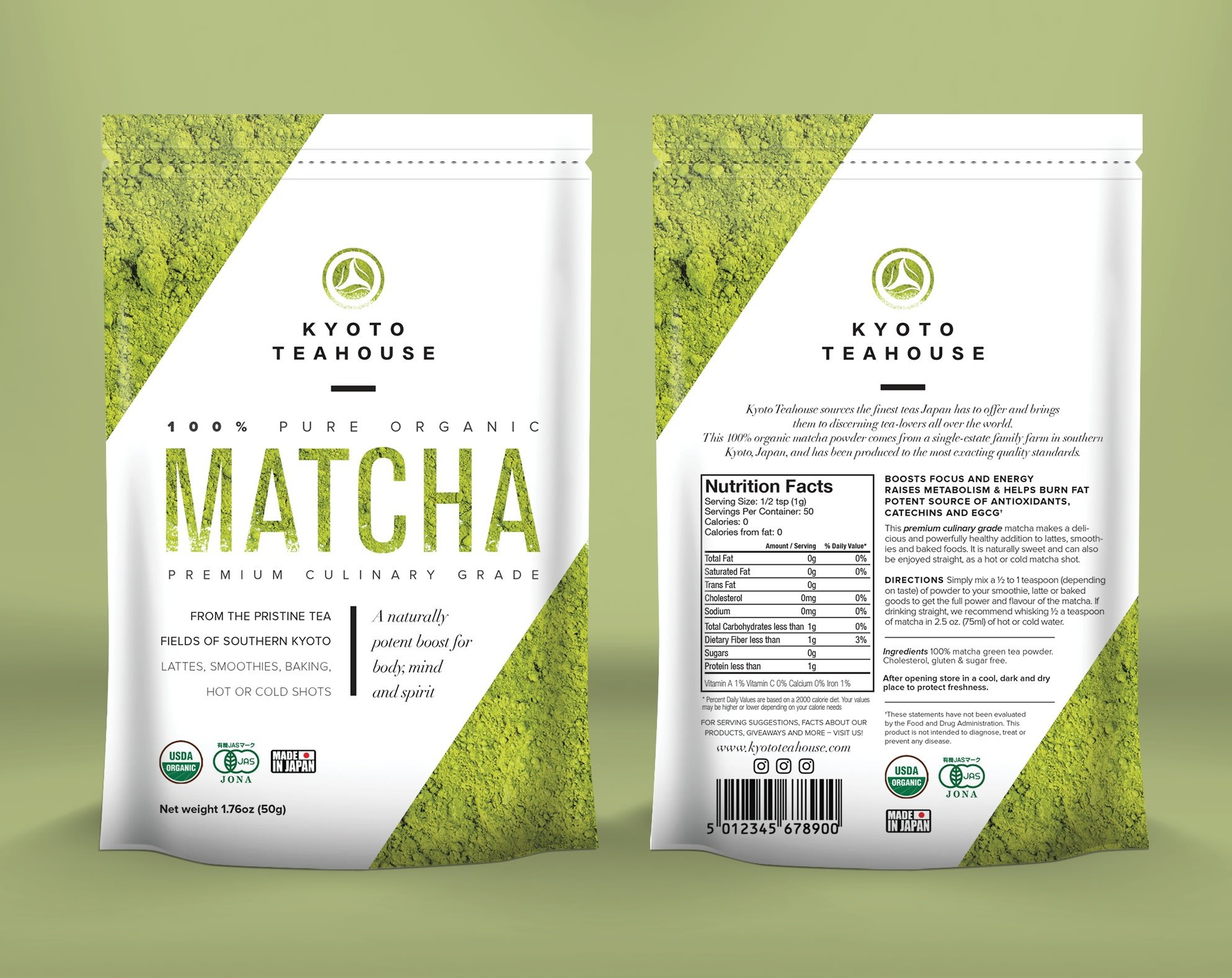 Green and white matcha tea pouch