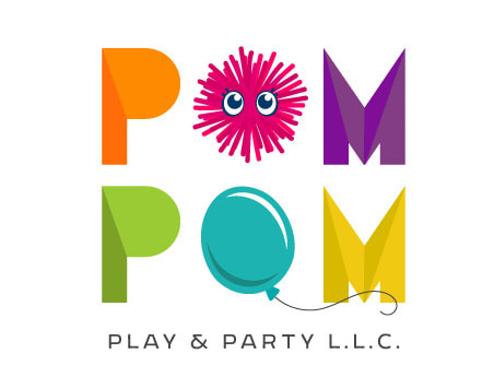 colorful rainbow logo with pom poms and balloons
