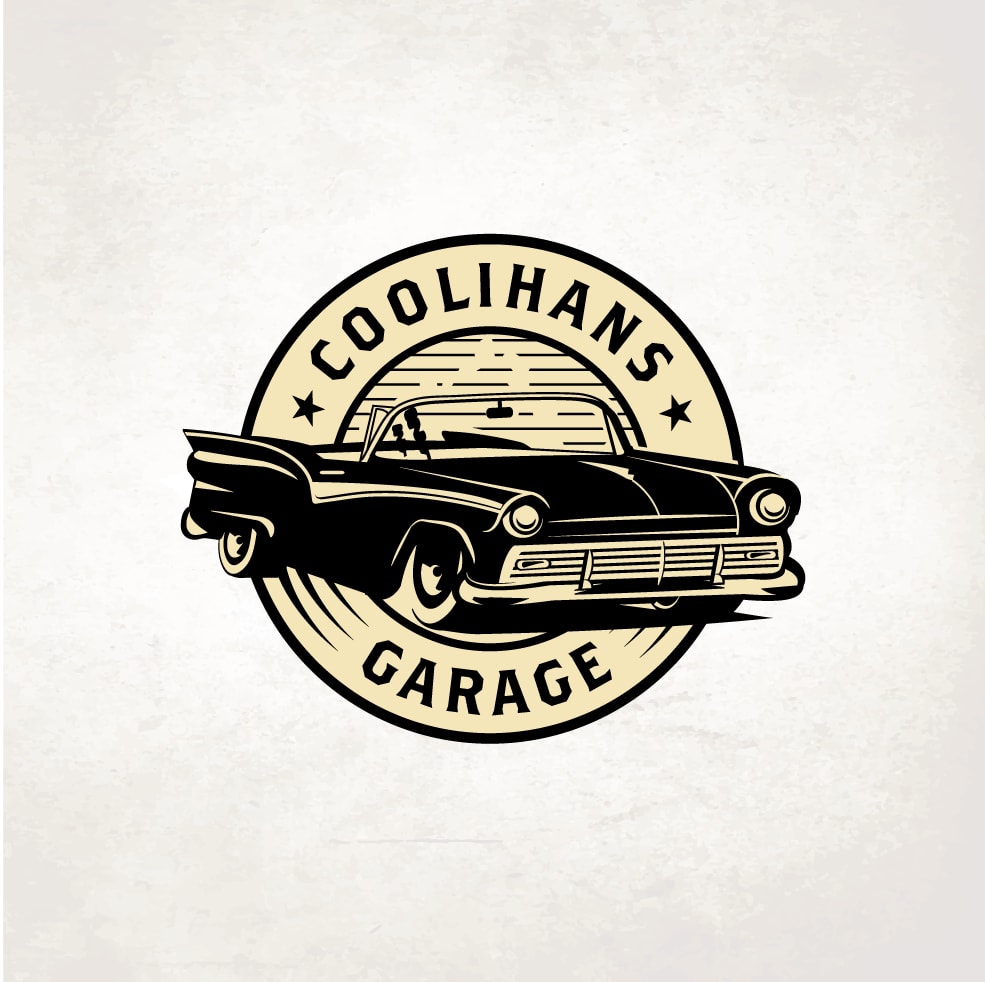 round vintage-style logo showing a retro car