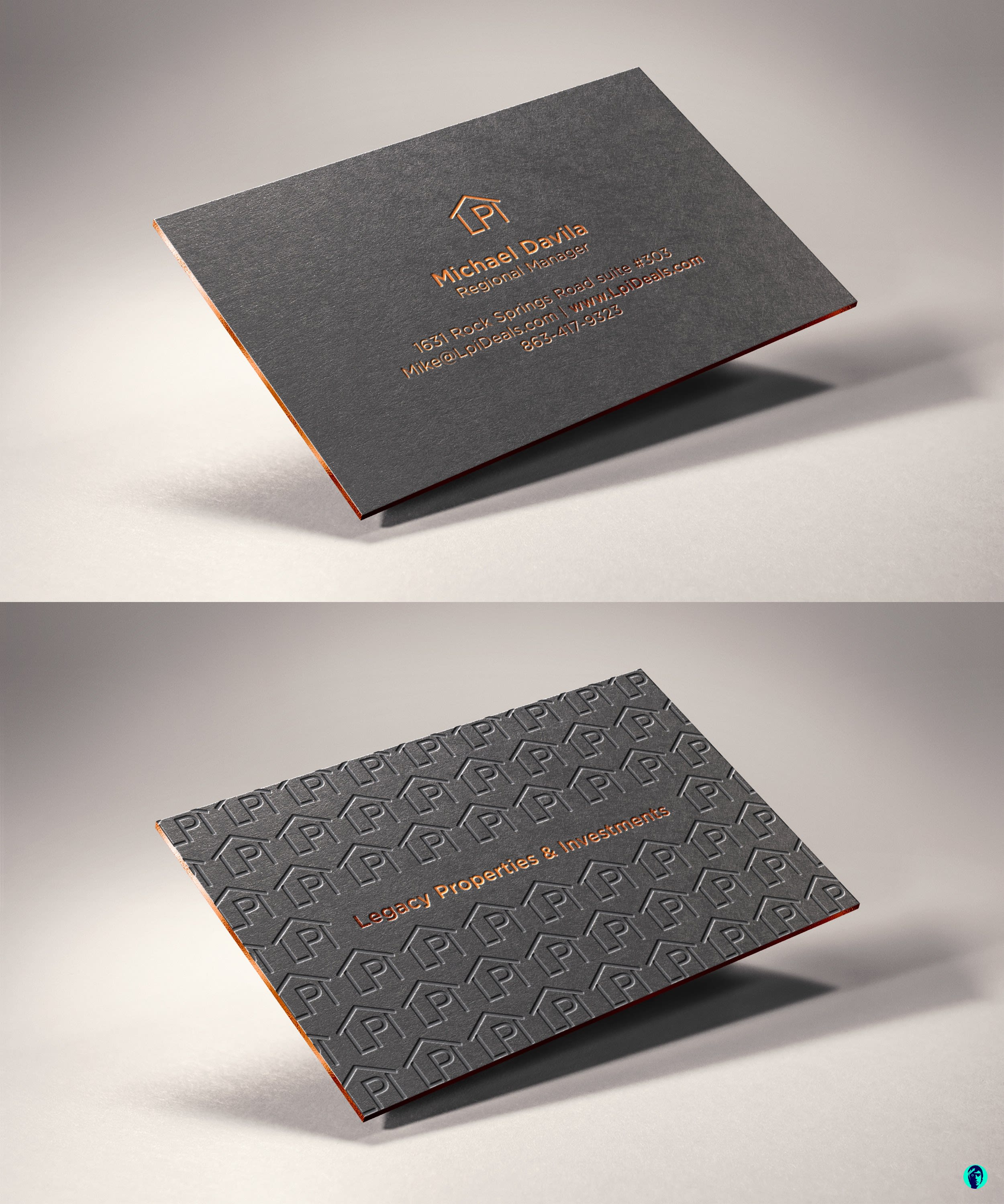 Orange and gray business card design for a real estate brand