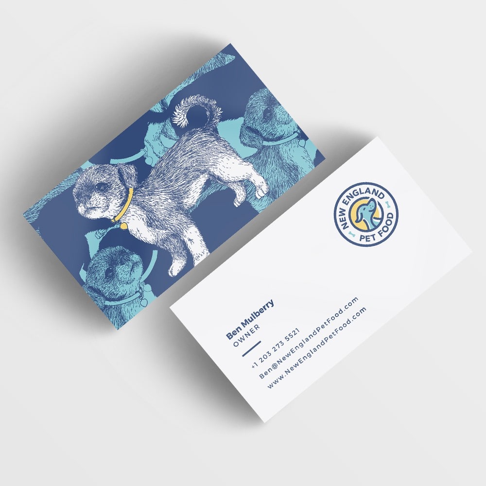 Blue and yellow business card for a pet food brand
