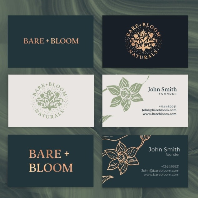 black, gold, green and cream brand identity for a cosmetics company