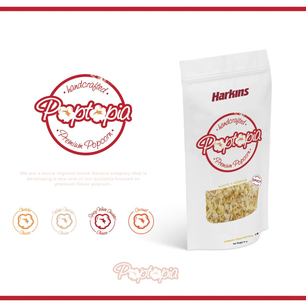Poppin&rsquo; popcorn logo and packaging design