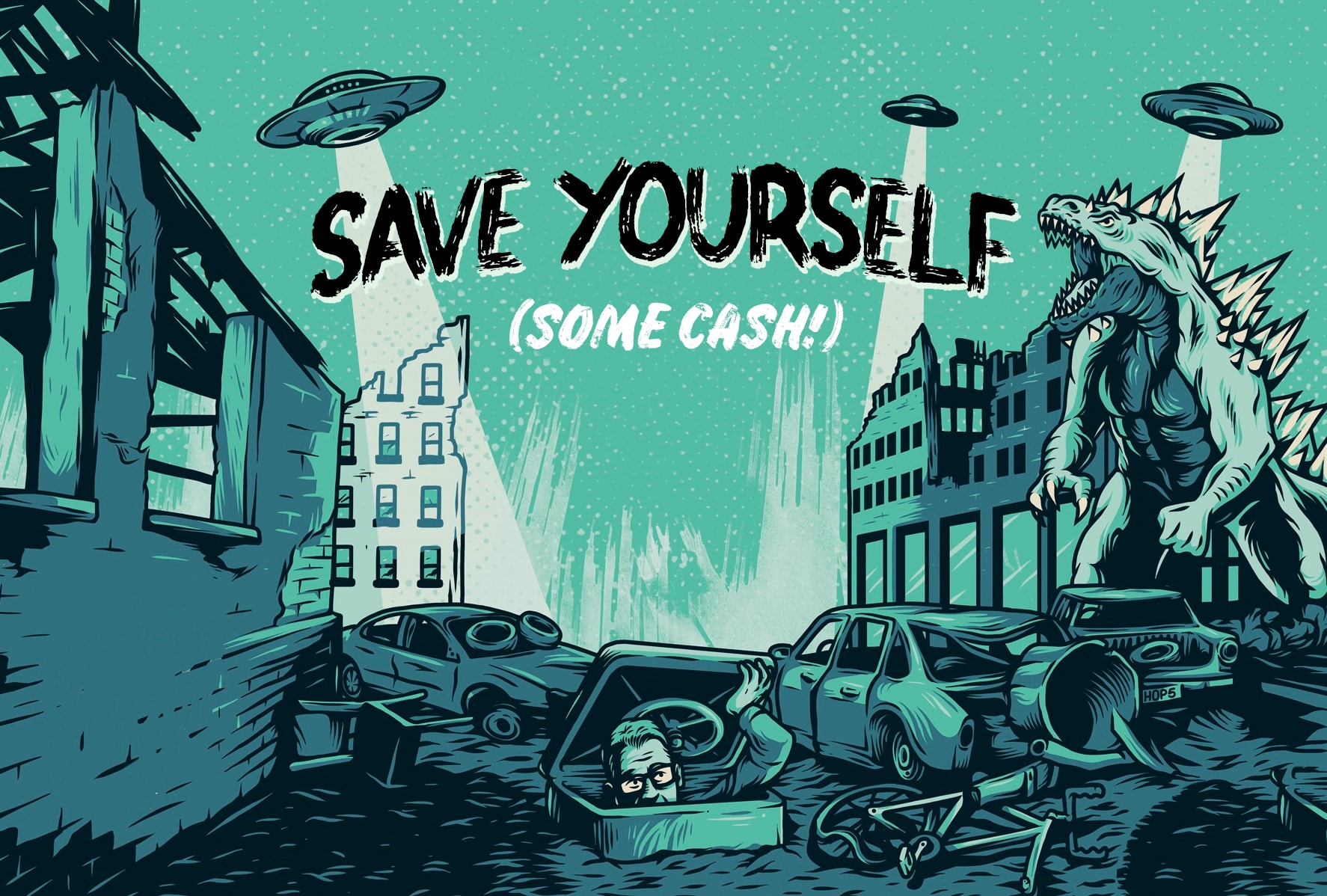 email header illustration with godzilla for cyber sale 