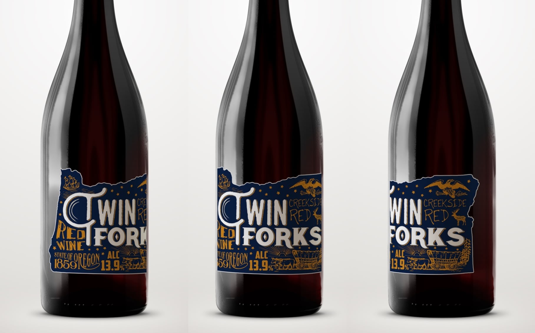 blue wine label with yellow text explaining the brand story