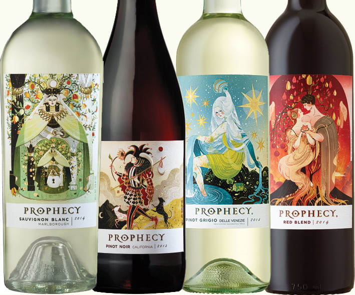 collection of Prophecy wine bottles beside each other