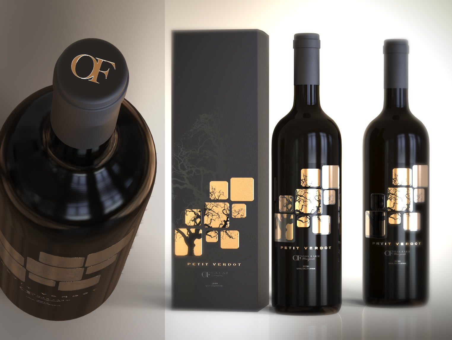 dark wine bottle with a gold leaf label of squares and a tree