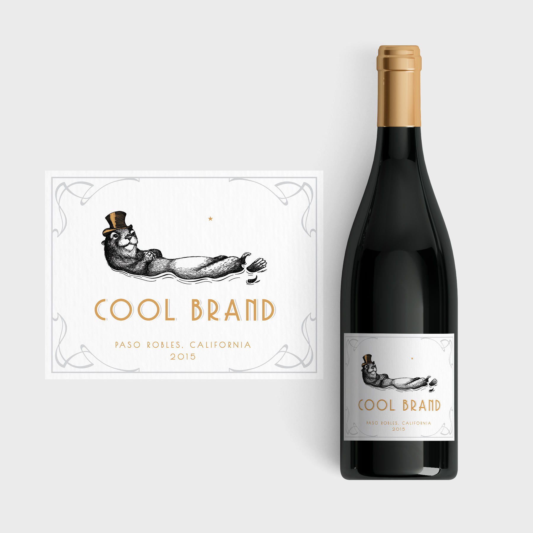 wine label with an illustration of an otter wearing a hat
