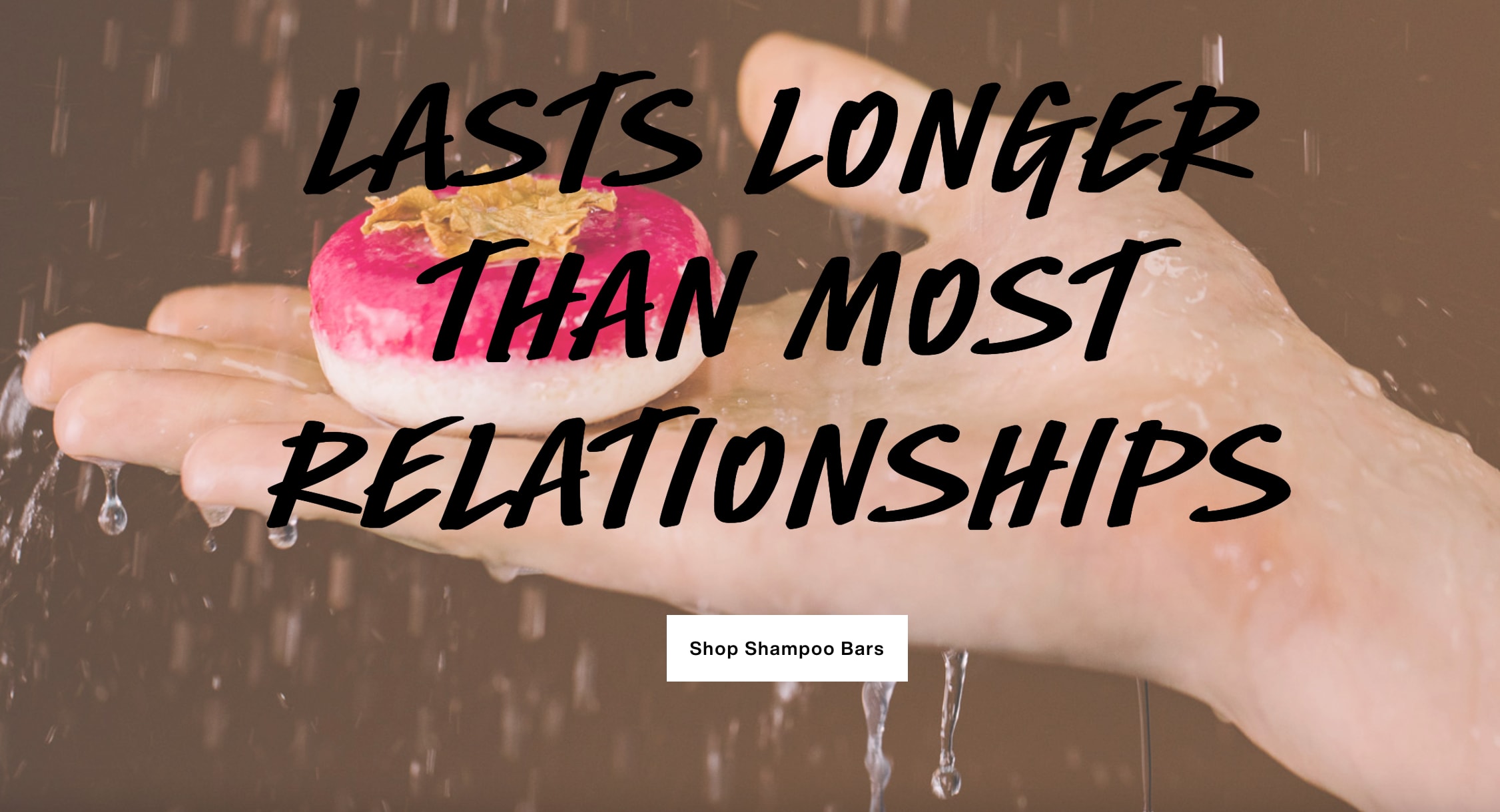 Hand holding bar of shampoo by cosmetics brand Lush, with advertising slogan scrawled across.