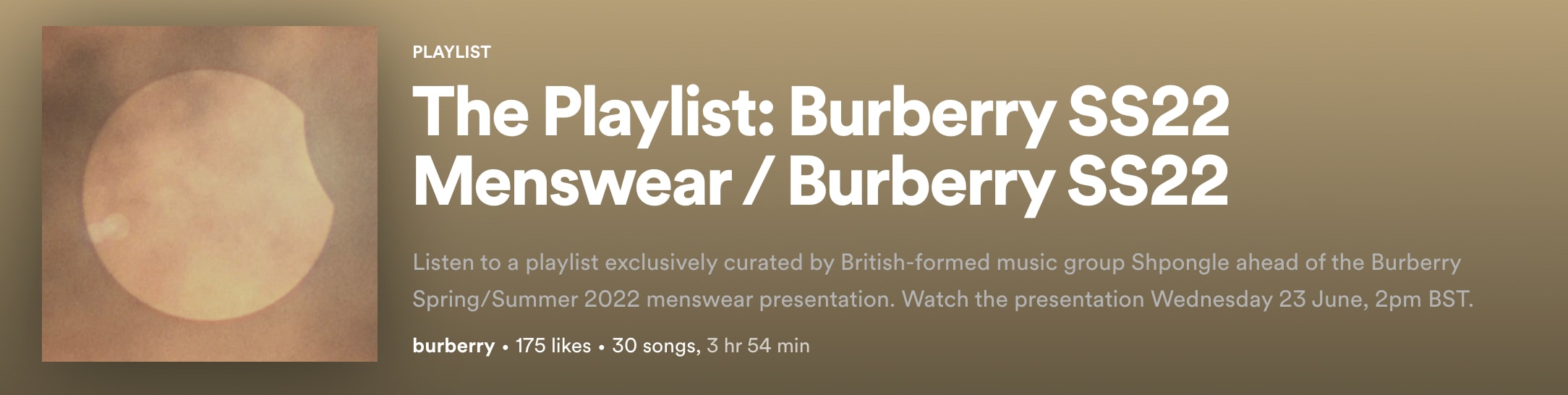 A playlist cover that says &lsquo;The Playlist: Burberry SS22 Menswear/Burberry SS22