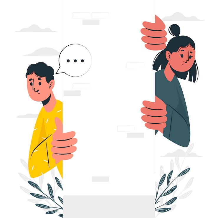 A woman wearing a green shirt and a man in a yellow shirt are hiding behind a wall