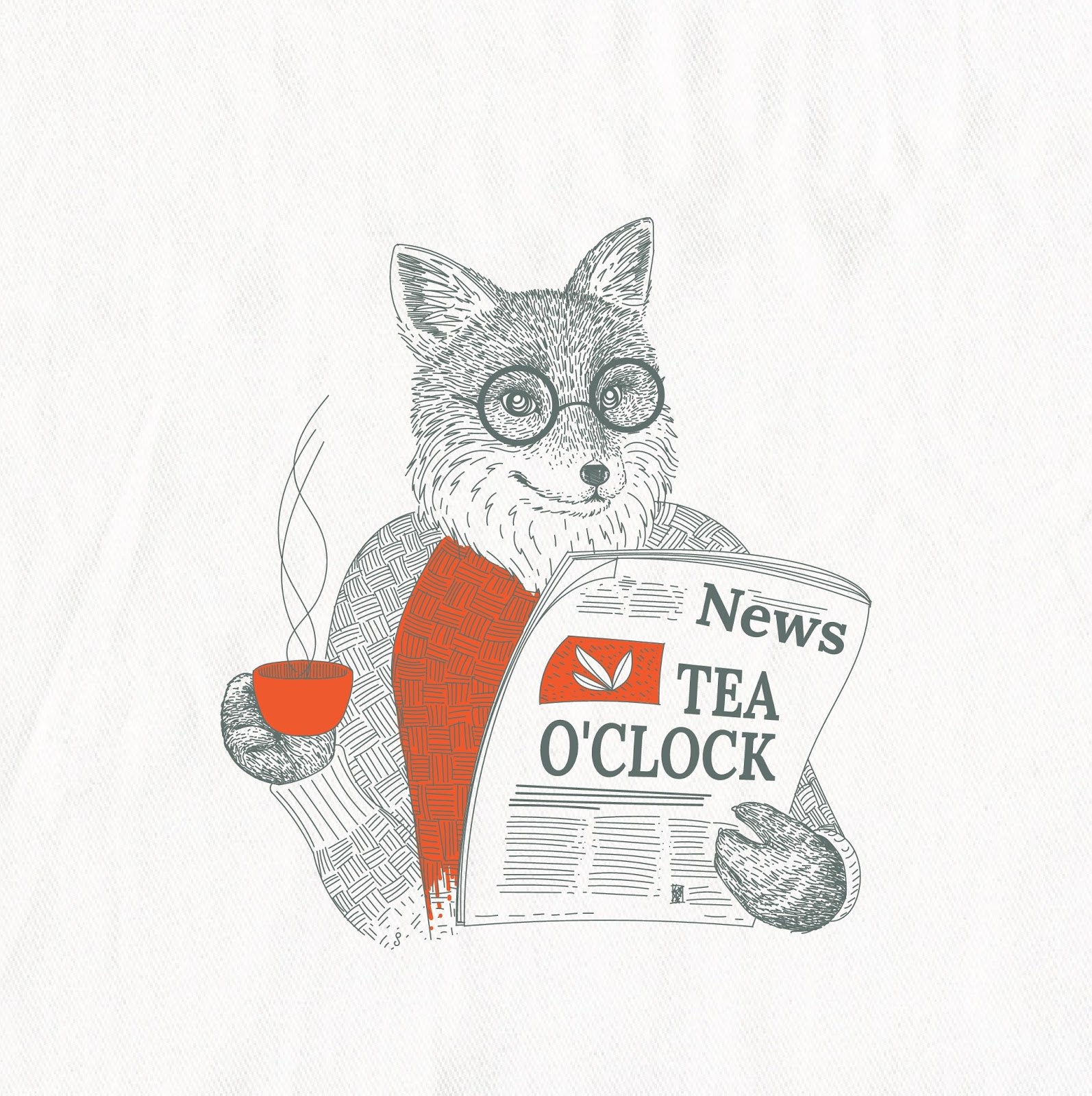 Fox reading newspaper and drinking tea