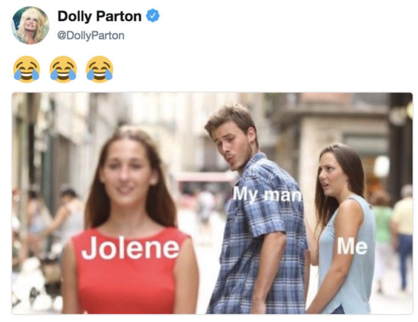 &ldquo;Distracted boyfriend&rdquo; meme with lyrics from Dolly Parton&rsquo;s &ldquo;Jolene&rdquo;