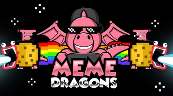 Logo showing a pink dragon wearing sunglasses and the words &ldquo;meme dragons&rdquo; flanked by shouting cookies