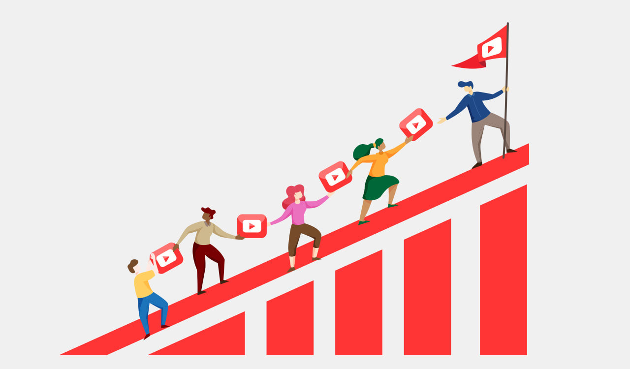 Illustration of people climbing a bar graph 