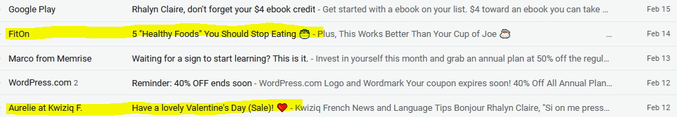two email subject lines with a heart emoji and a bowl of food emoji are highlighted in yellow