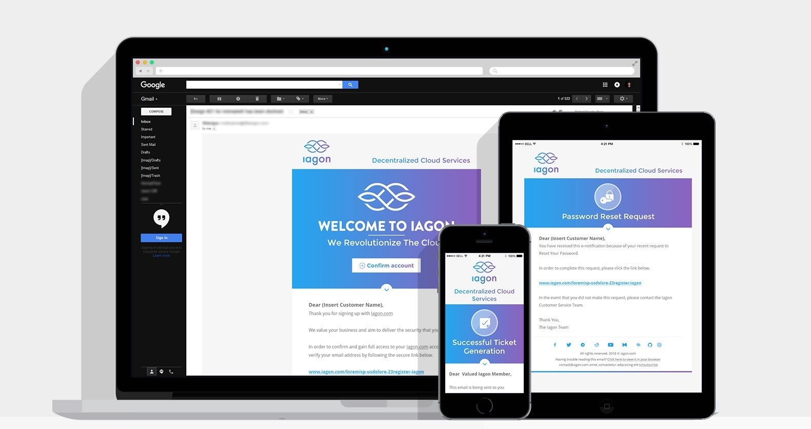 a laptop screen, a mobile screen and a tablet screen showing a responsive email template