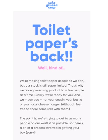 an announcement that toilet papers from Who Gives A Crap are back in stock