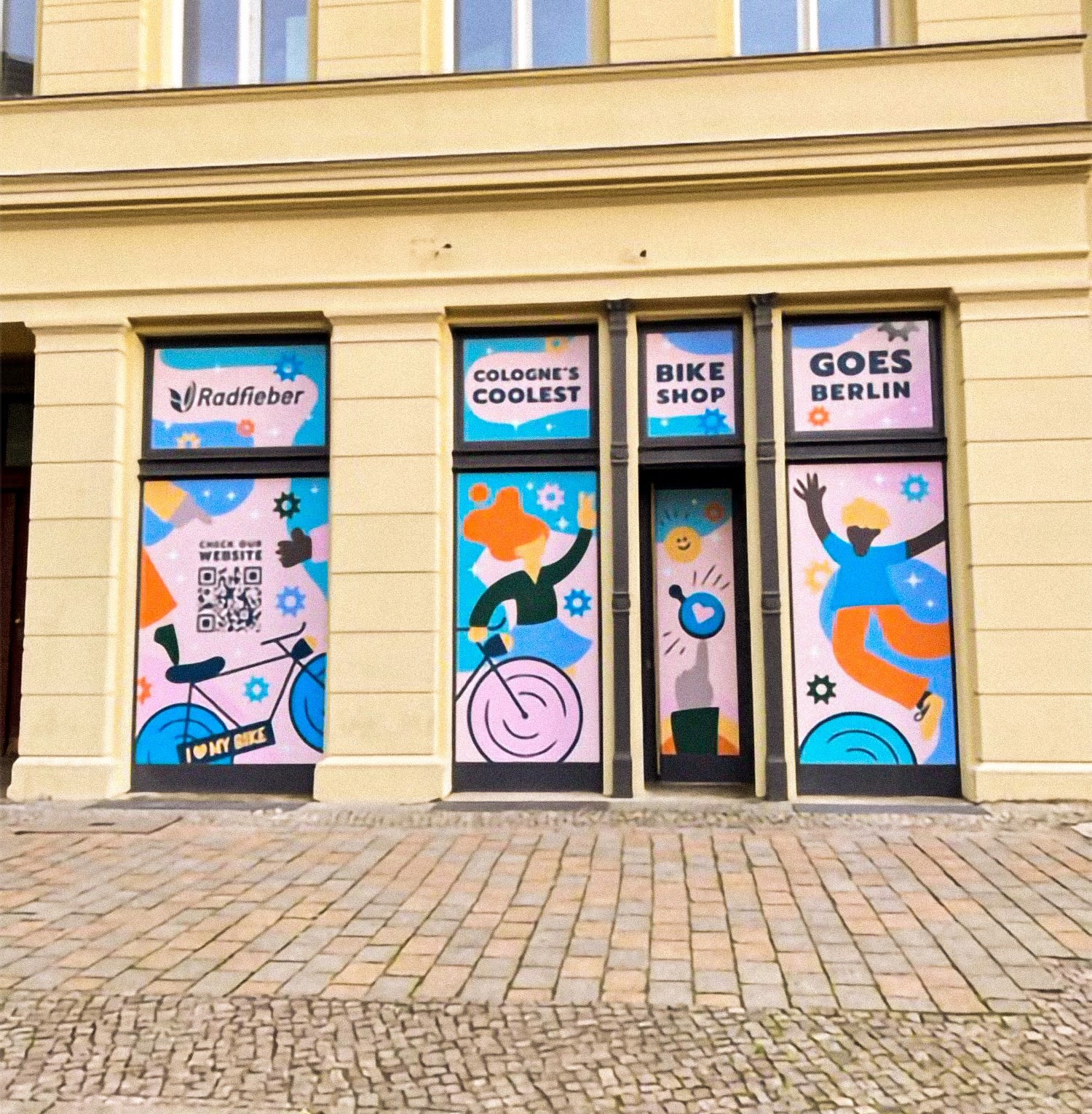 outdoor window and door dressings in pink, with flat design images of people and bikes