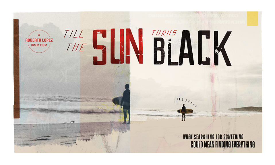 black, white and red graphics of a man with a surfboard on a beach