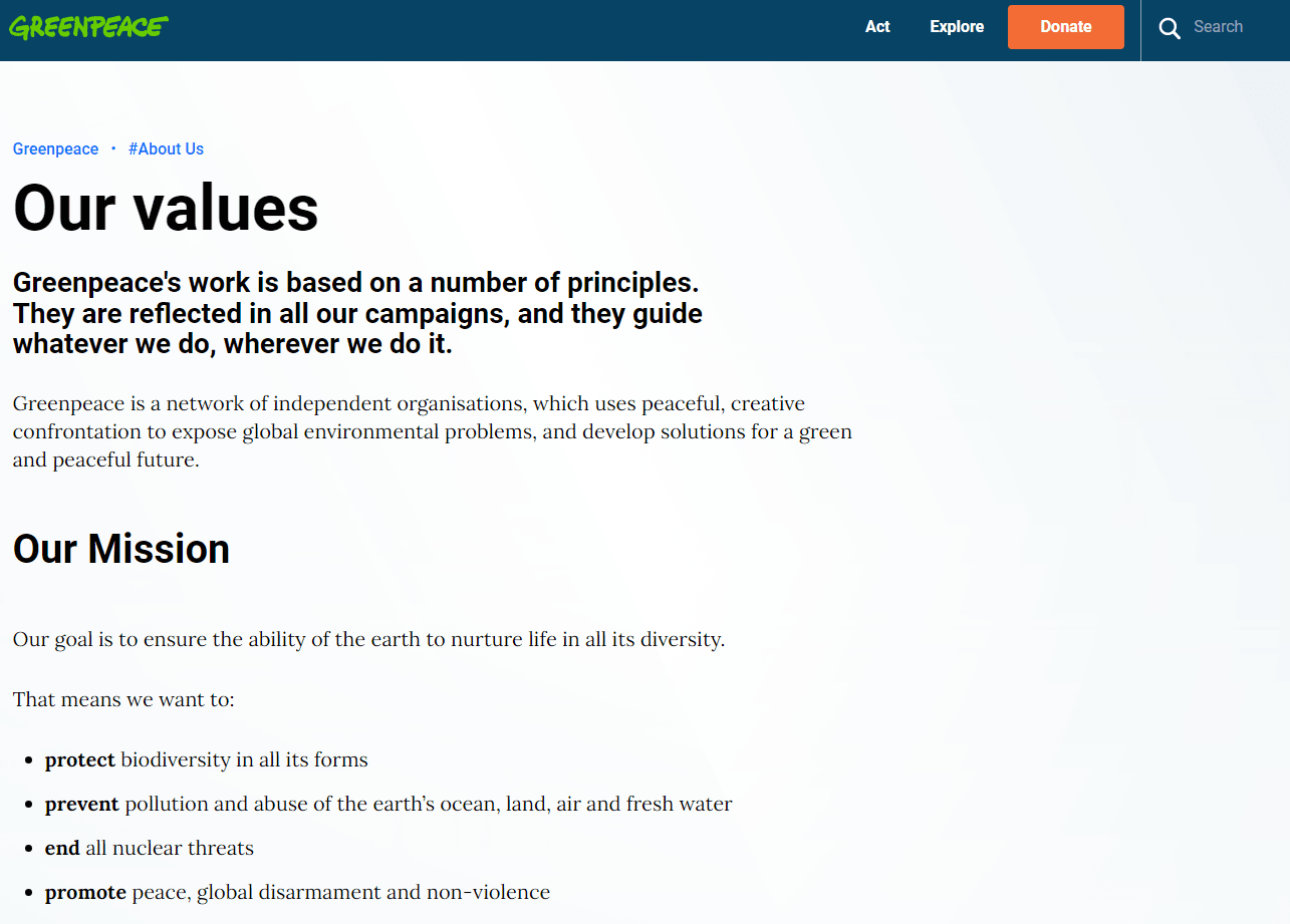 screenshot of Greenpeace&rsquo;s Values page