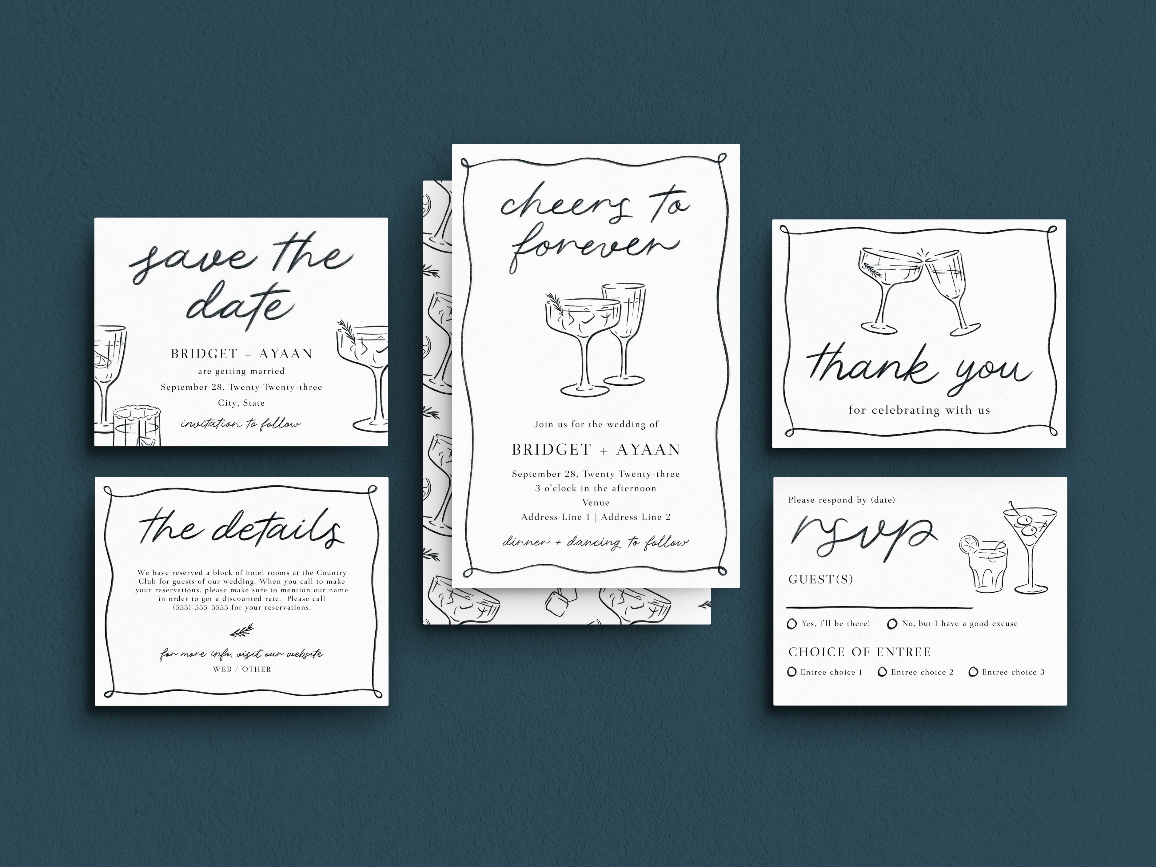 Wedding trends: hand-drawn cocktails save the date, wedding invitations, menu