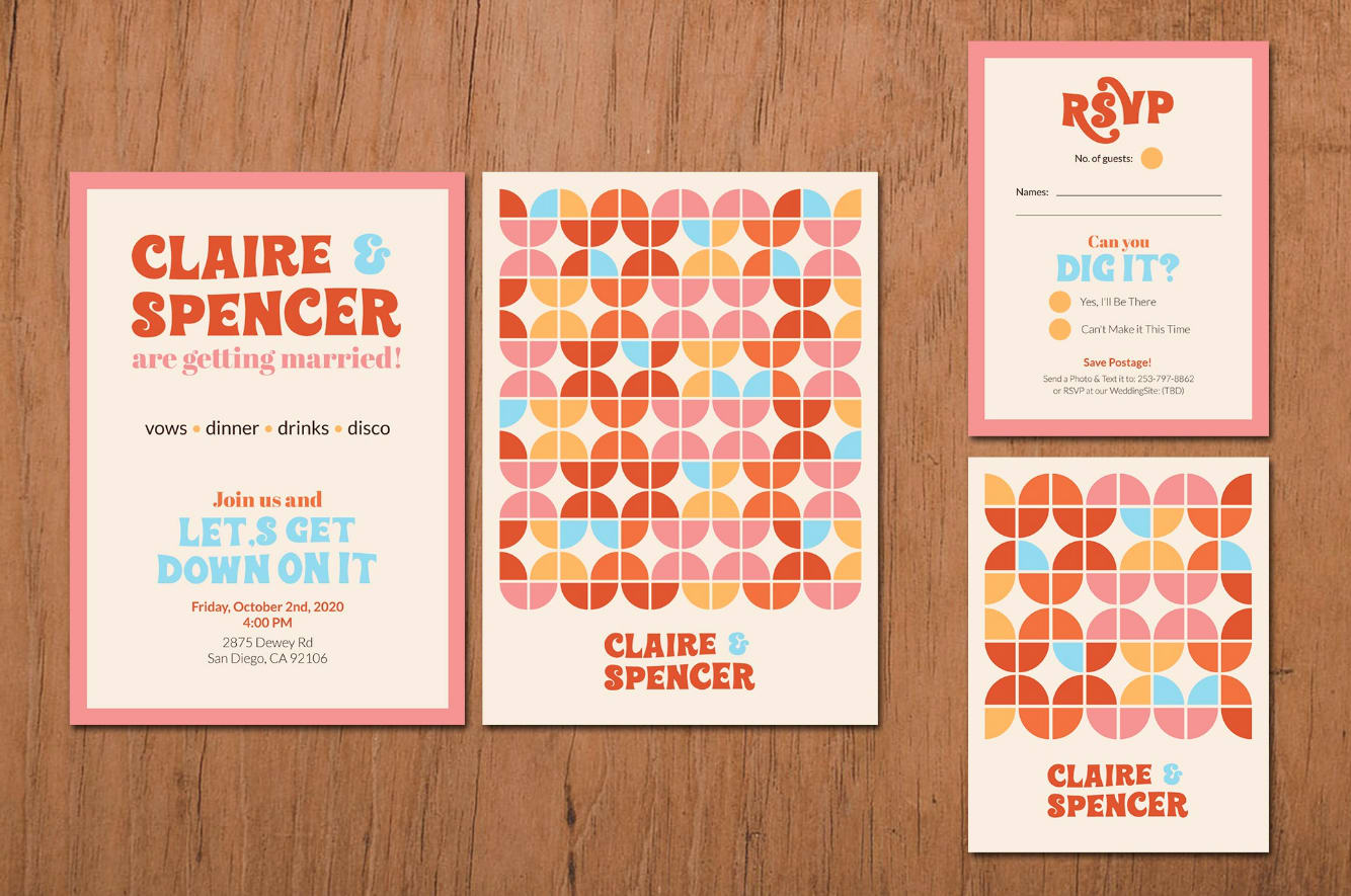 70s aesthetic for wedding invitation design