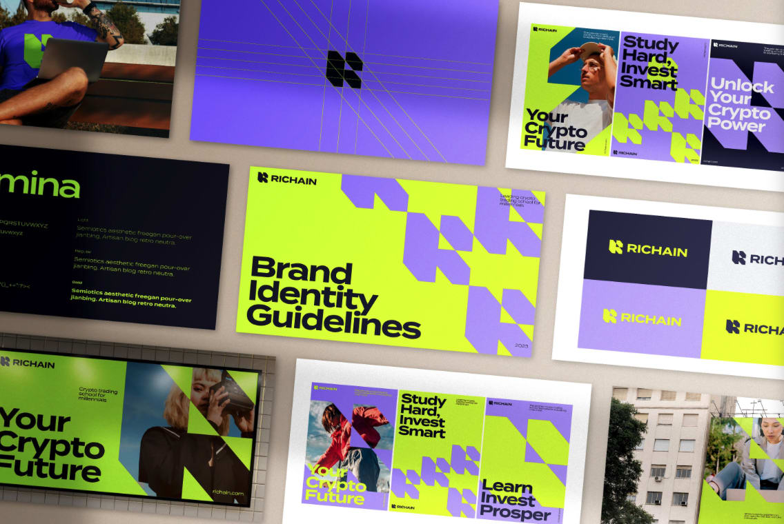 Modern and clean brand style guide design for a crypto trading school