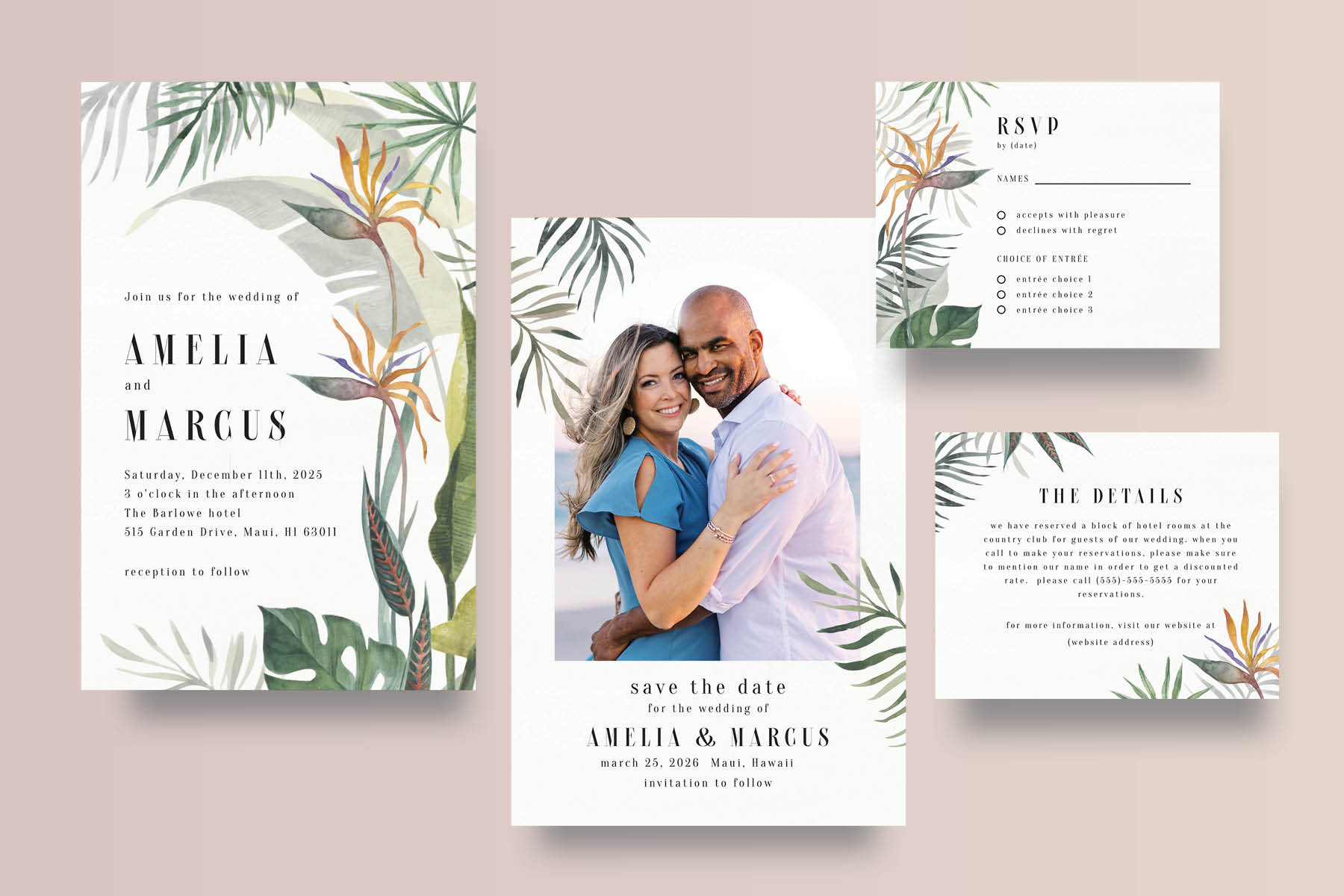 Tropical wedding invitation suite with palm leaf illustrations