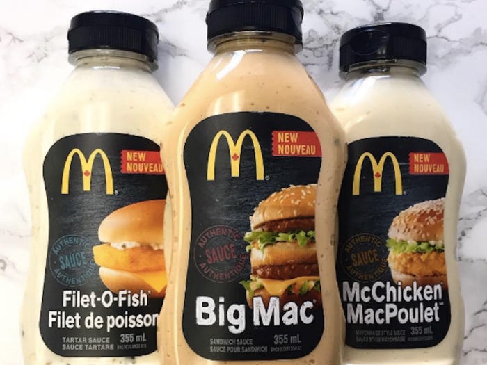 three bottles of McDonald&rsquo;s sauce side by side