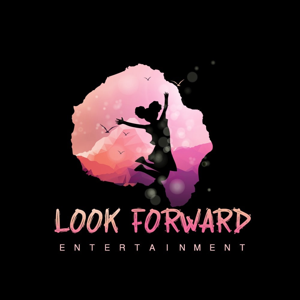 black logo with a head-shaped cutout showing a pink striped background and silhouette of a girl