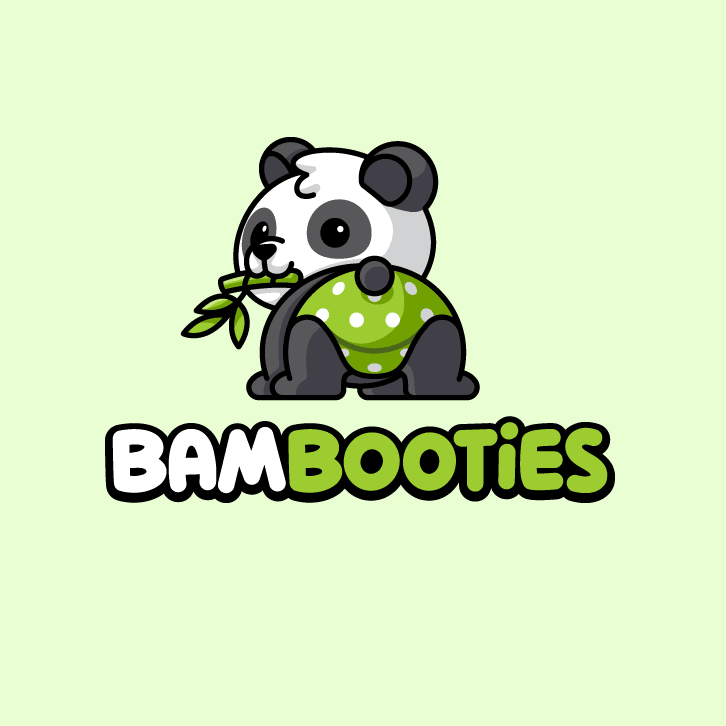 baby panda wearing green diaper and looking over its shoulder