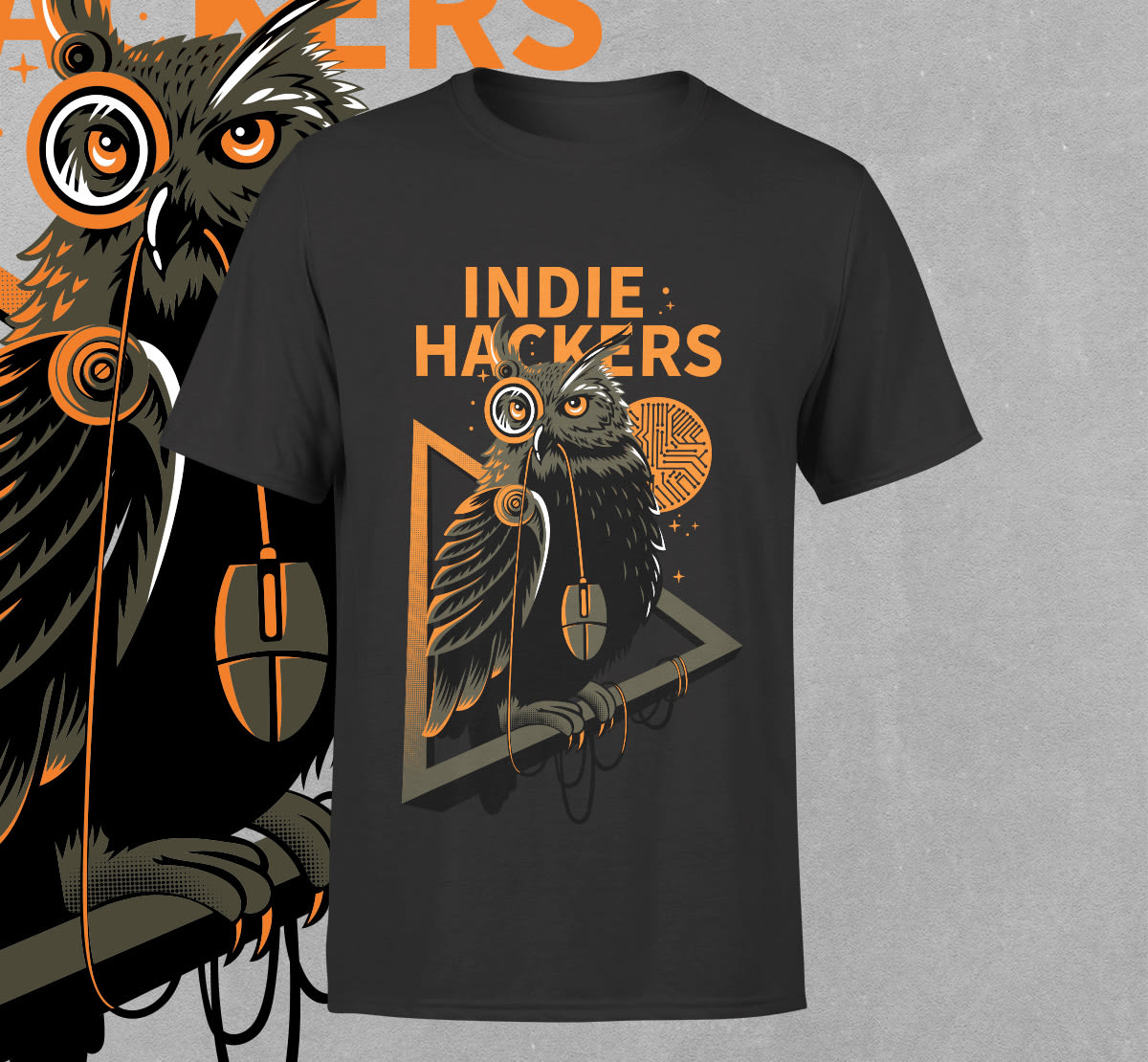 Black T-shirt with orange and grey design