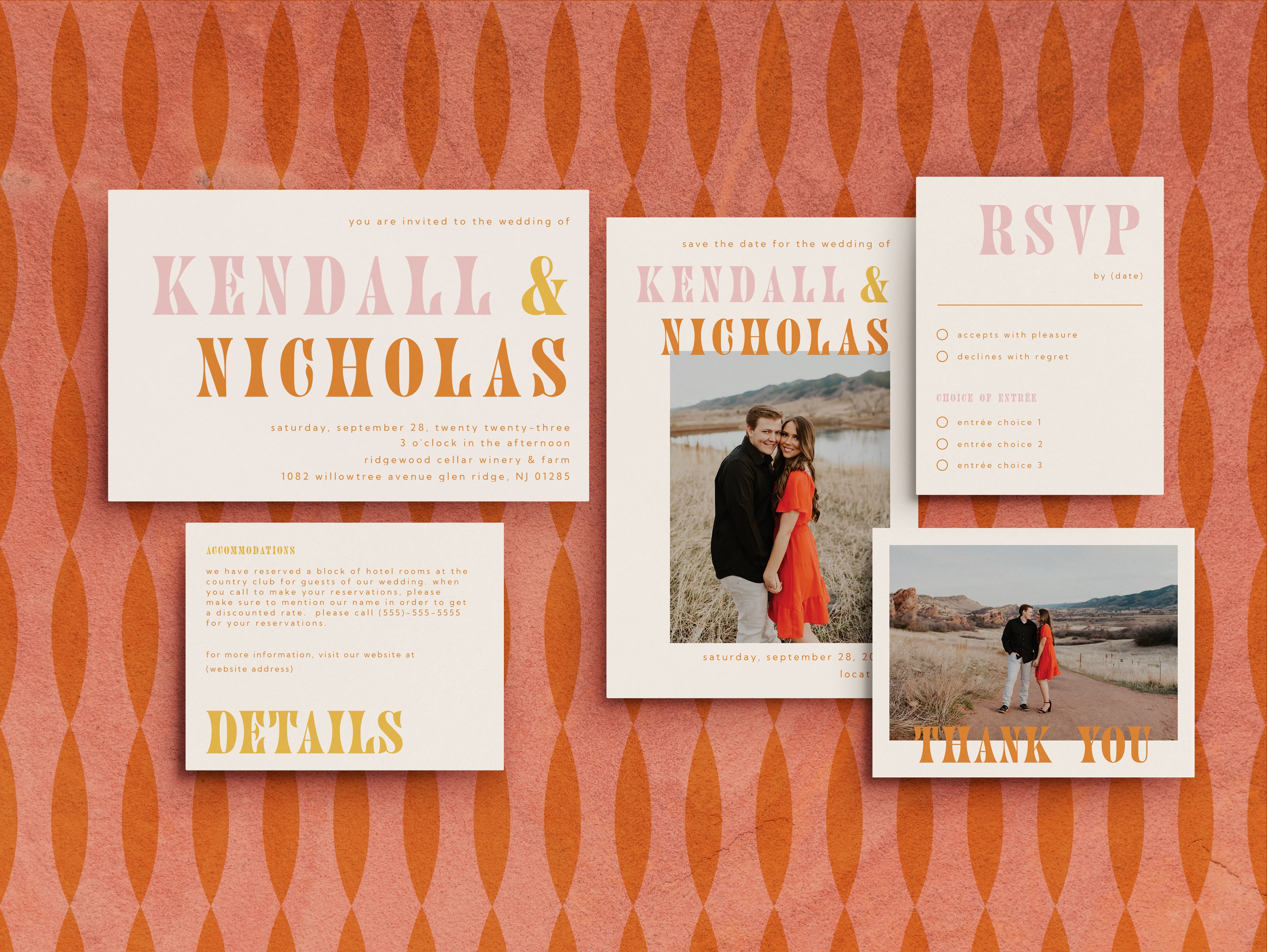 Funky, 70s vintage wedding invitation and save the dates