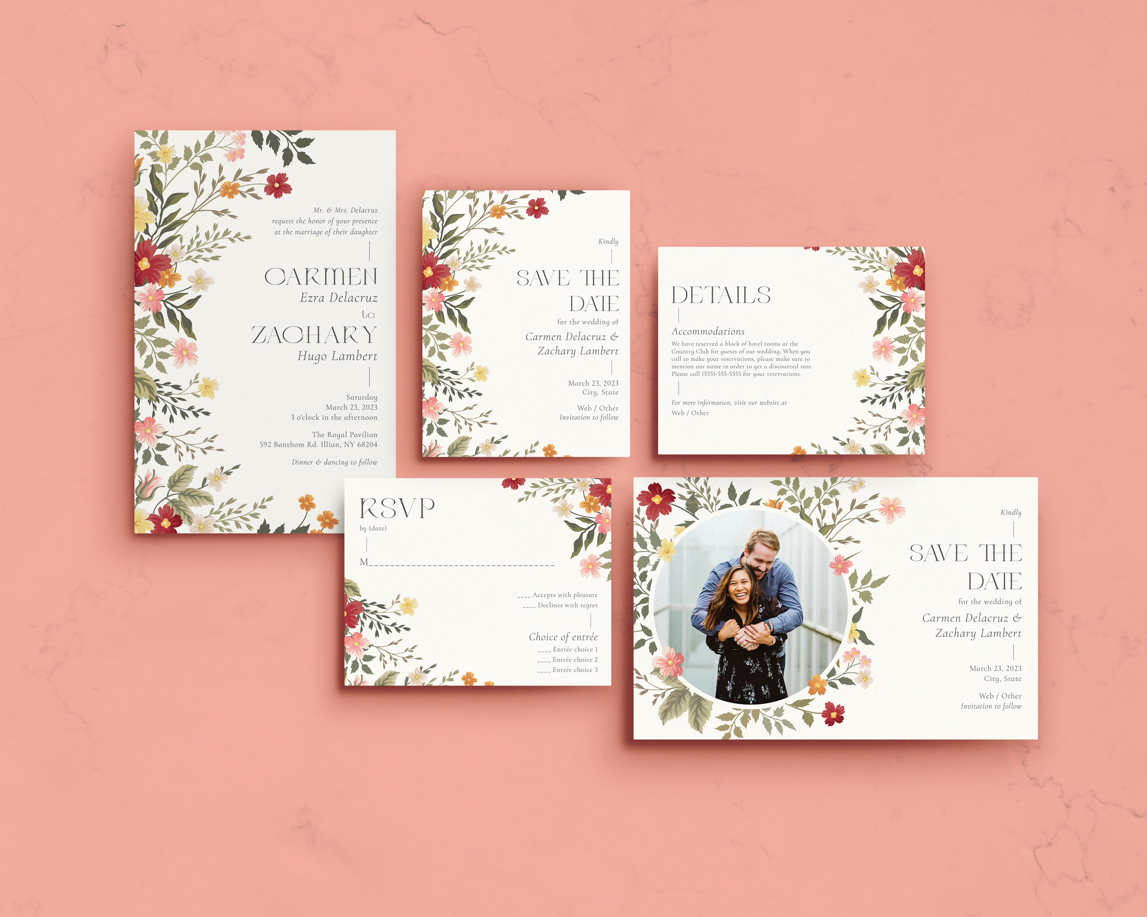 Fun floral wedding invitations with photograph