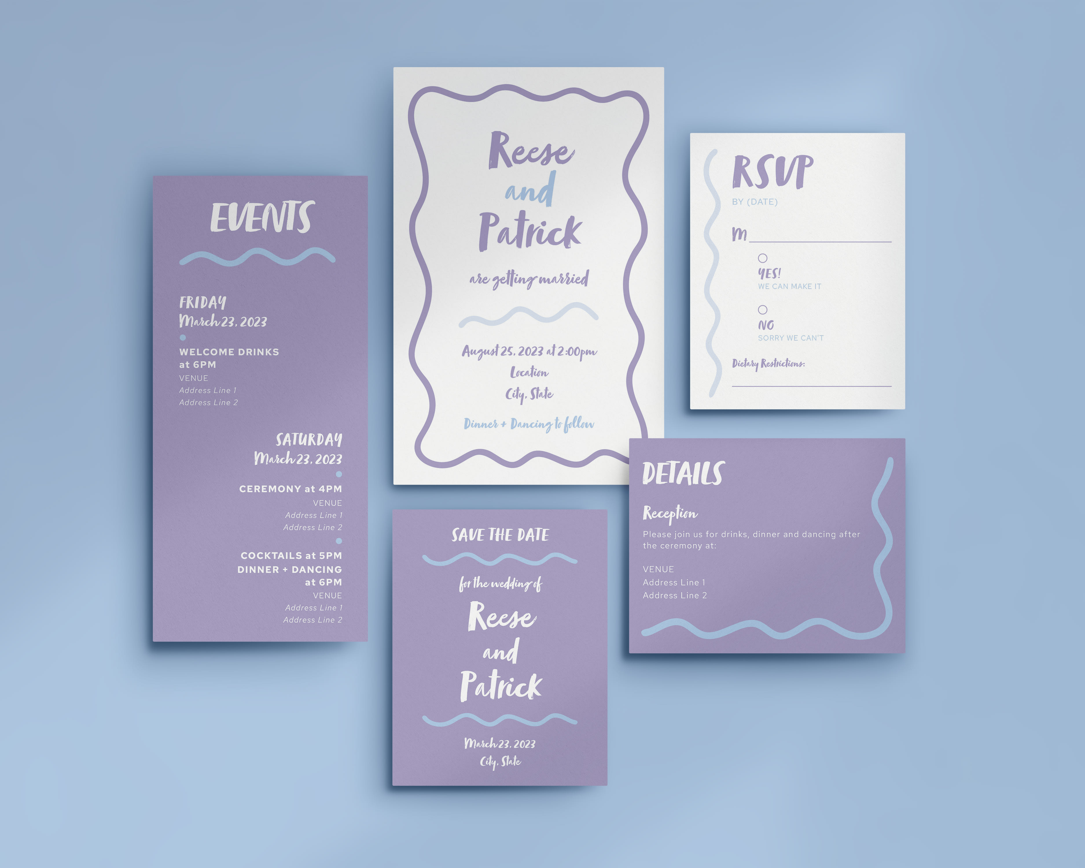 Purple and blue wedding invitation with playful lines