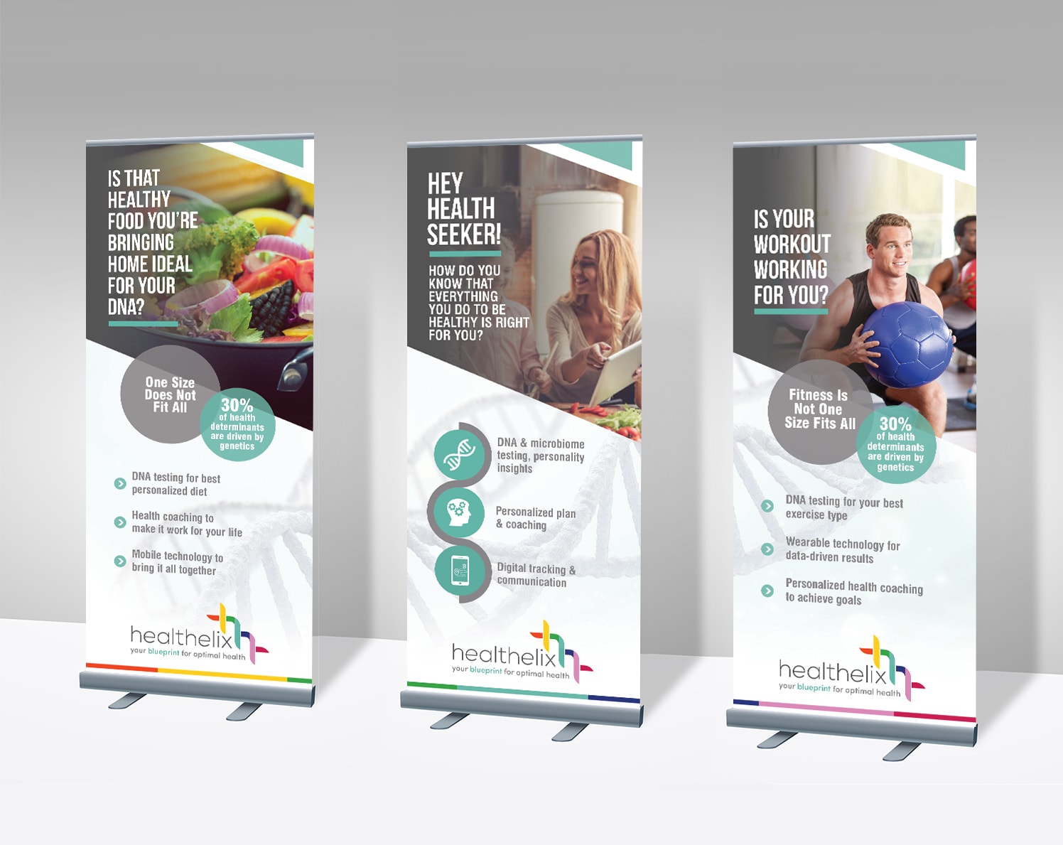 Three roller banners advertising a health business