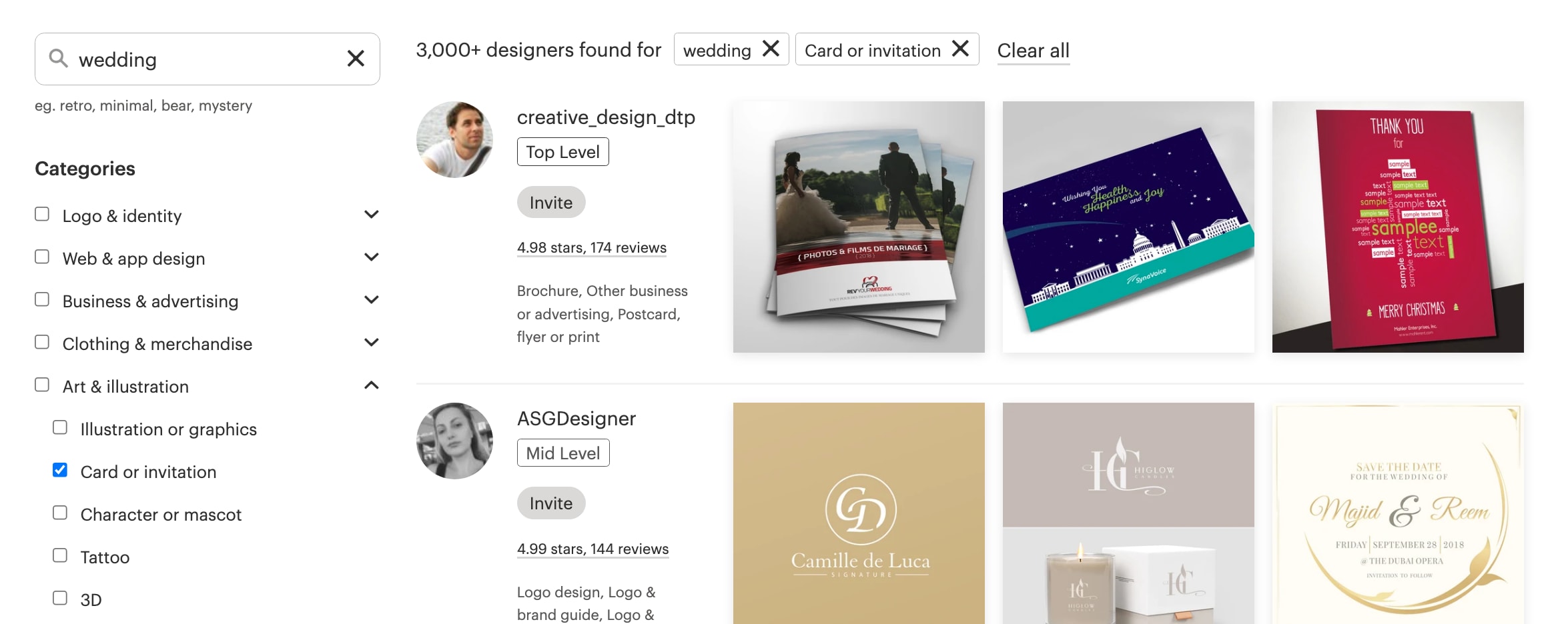 A screenshot of the 99designs by Vista search for designers with experience creating wedding invitations