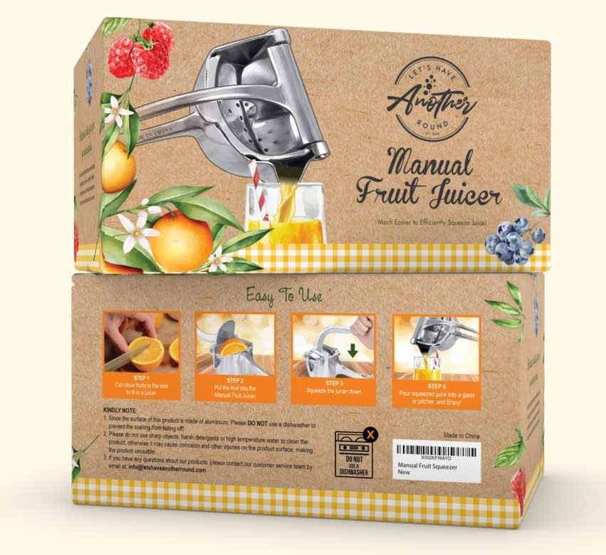 Packaging pour un presse-agrumes repr&eacute;sentant des fruits frais ainsi que le produit