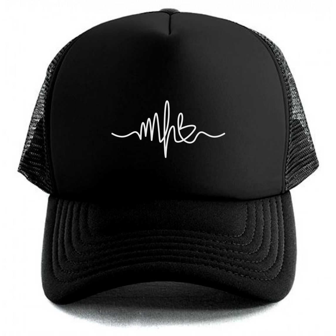 Black soft-top ball cap with mesh sides and eye-catching “signature-like” doodle in high-contrast white