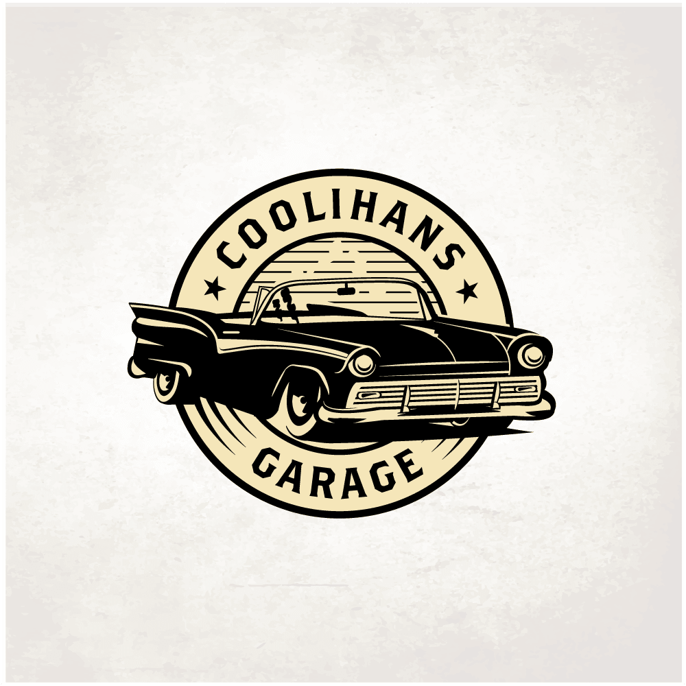 round vintage-style logo showing a retro car
