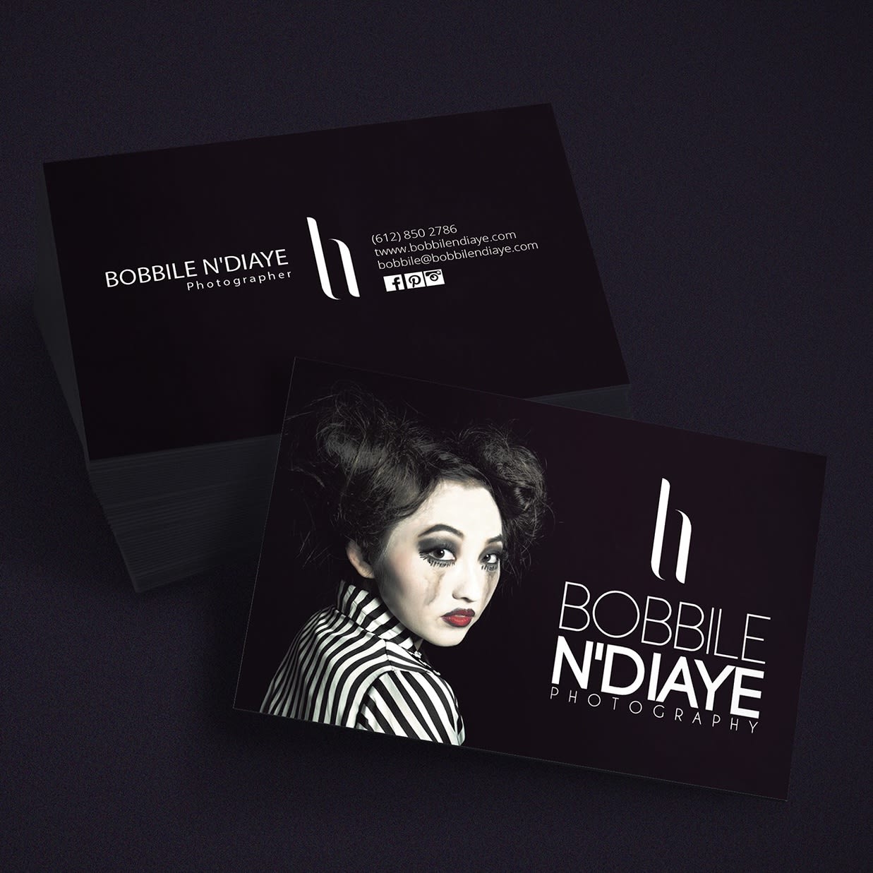 Photography business card featuring a woman in makeup