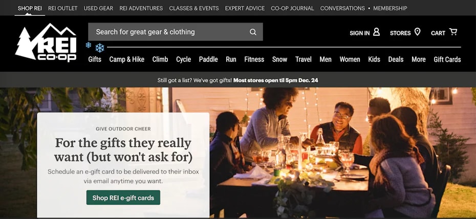 REI’s brand identity visible on the website homepage