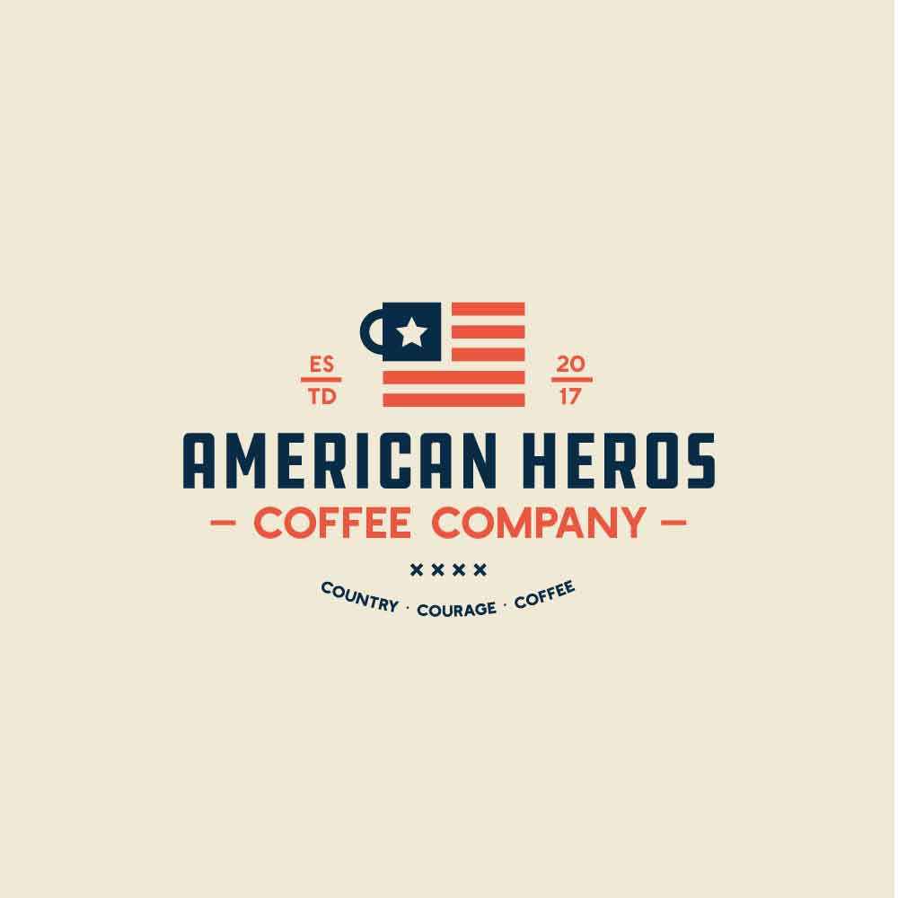 square coffee mug logo bearing an american flag-inspired design