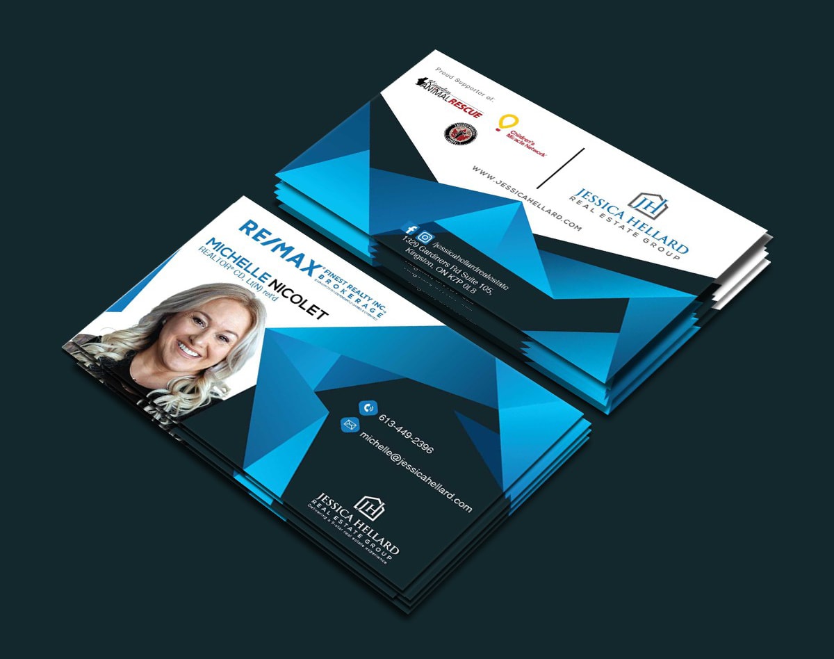 Real estate business card with blue abstract polygon shapes
