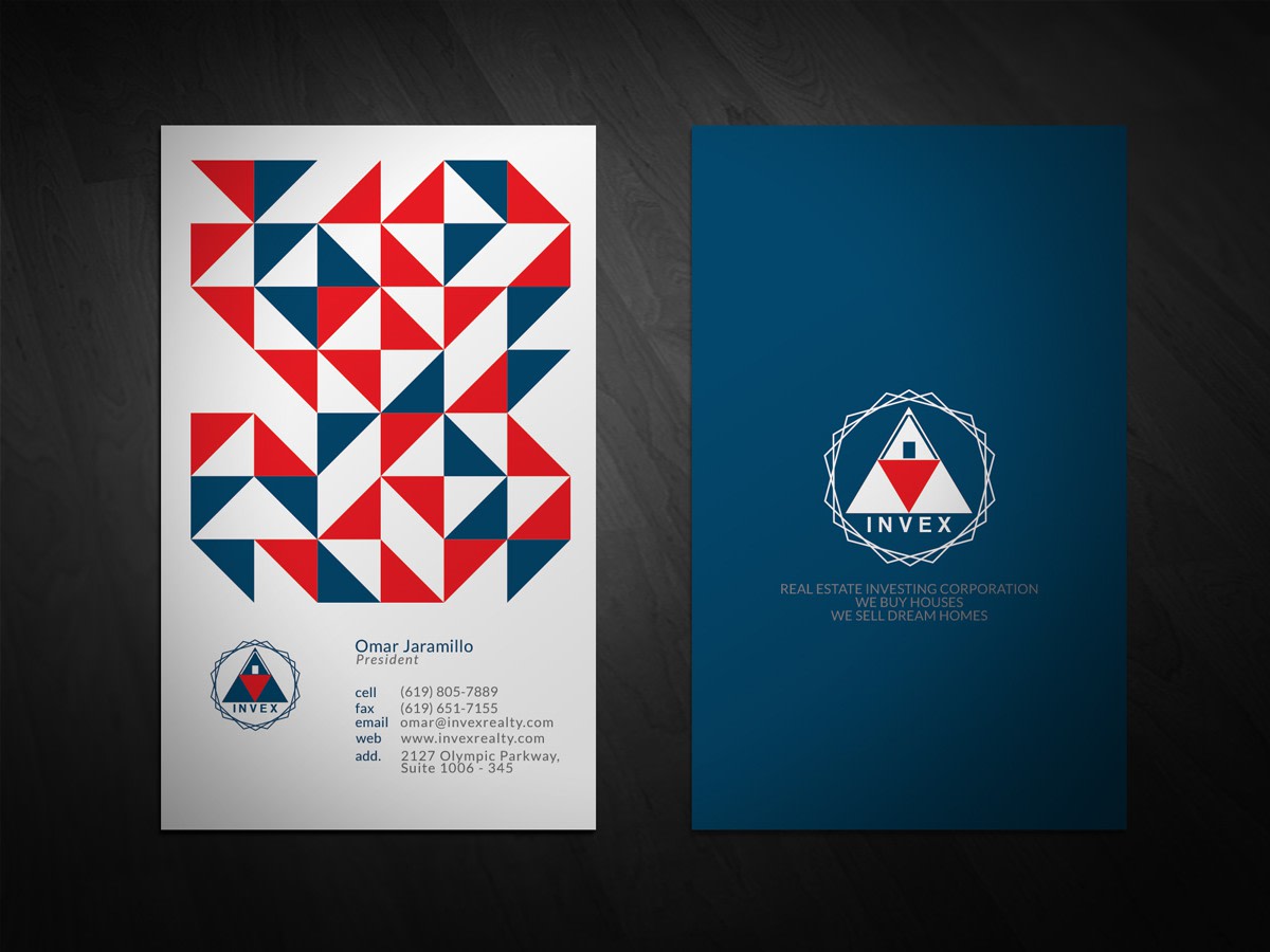 Real estate business card with red and blue abstract polygon shapes
