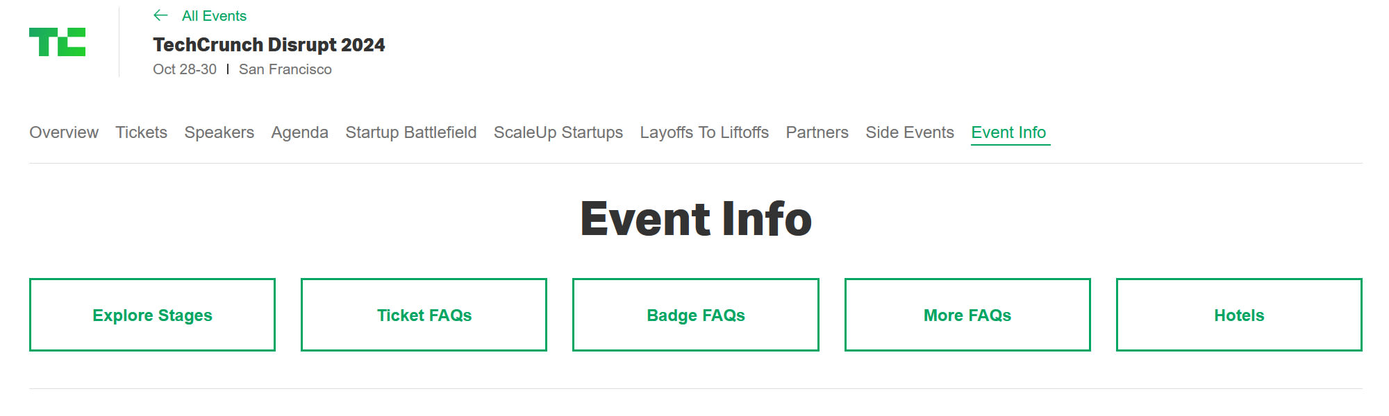 Screenshot of the event information available on the official TechCrunch Disrupt 2024 website