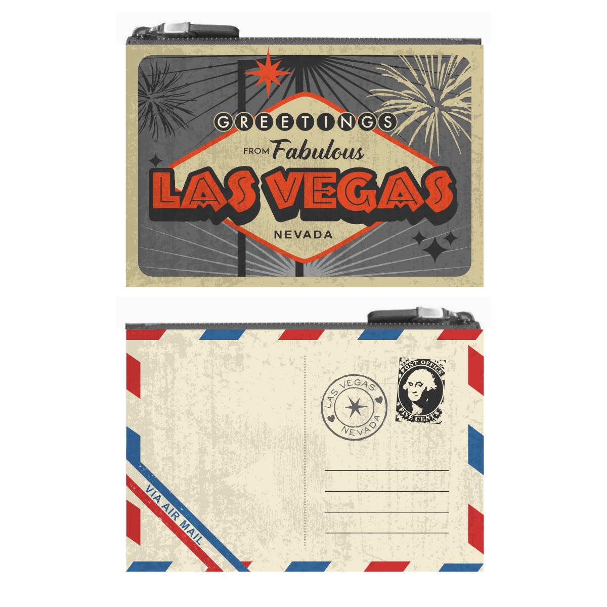 Retro-style Las Vegas postcard featuring the famous sign.