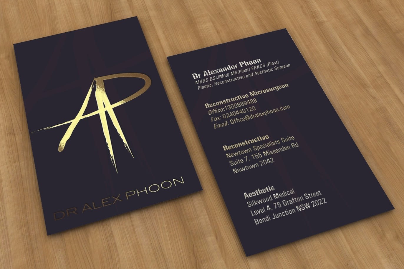 Dr. Alex Phoon business card design in black and gold