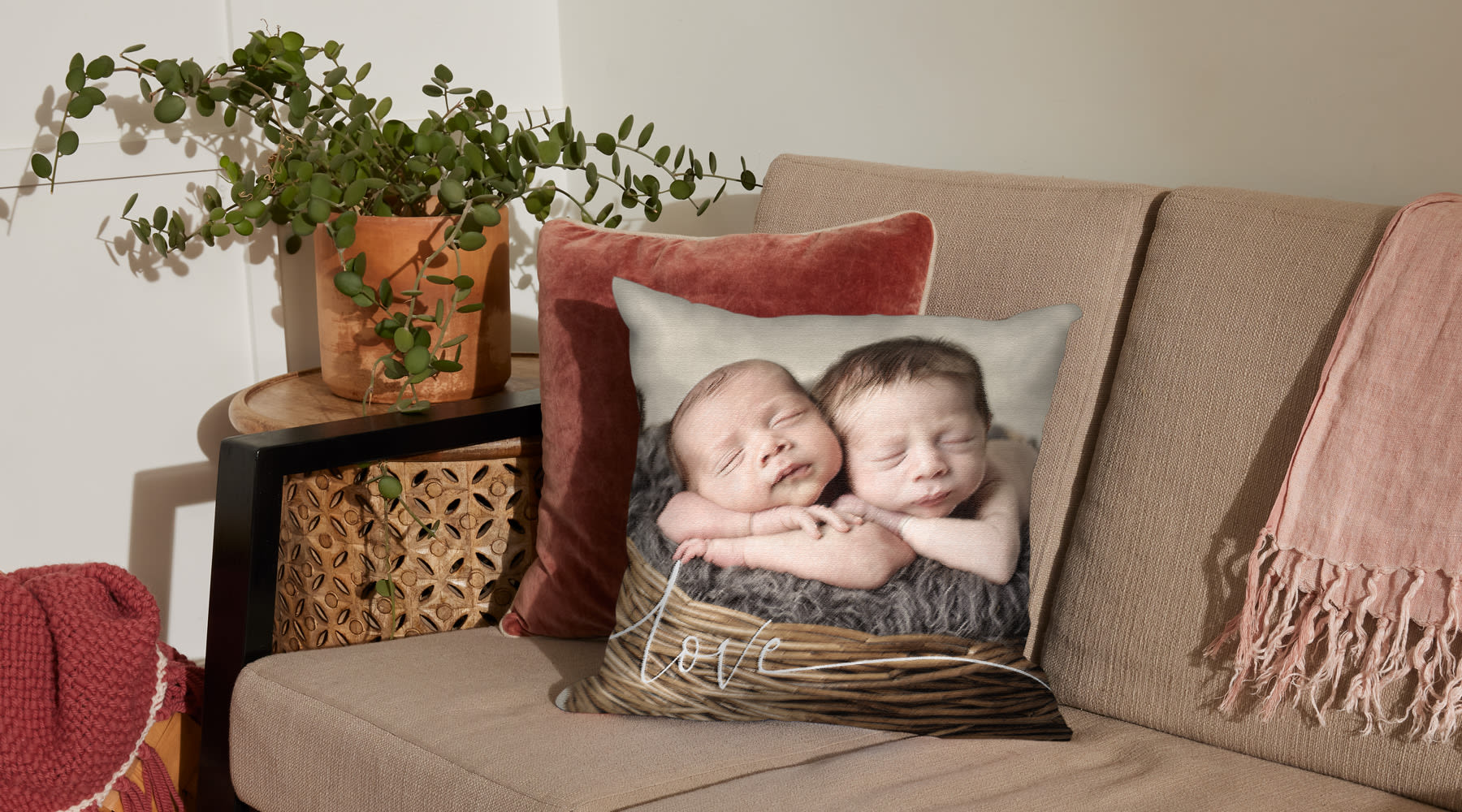 Custom photo pillow featuring two babies